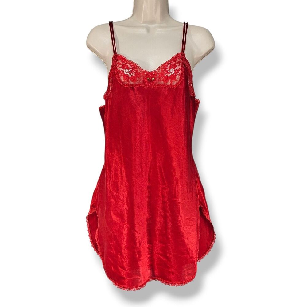 Vintage Victoria's Secret Gold Label Red Satin Lace Rose Chemise Slip Dress M